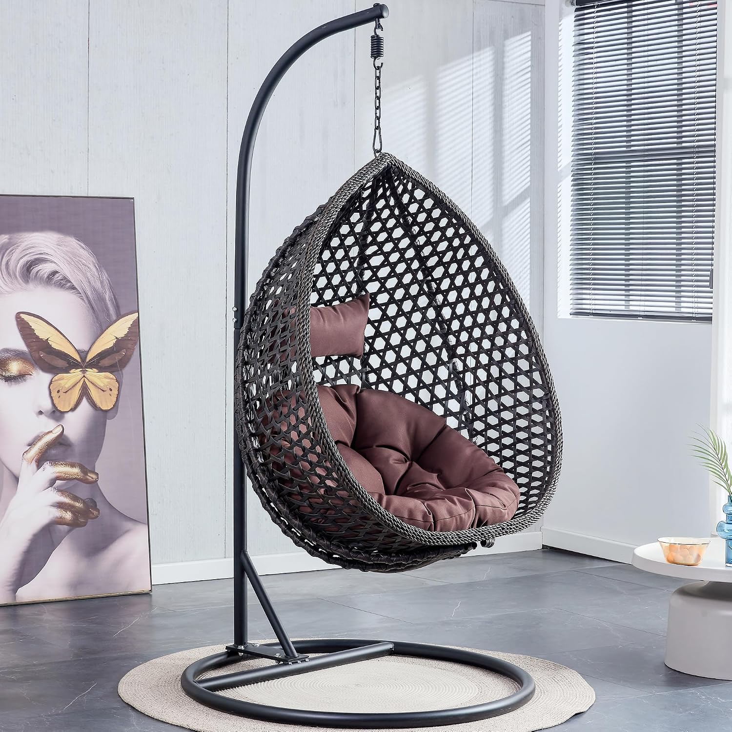 Egg Chair Indoor Outdoor, Hanging Chair for Bedroom, Swing Chair Hammock with Stand & Cushions, Comfy Swinging Chair Adult Reading Chair for Patio Balcony Backyard, Heavy Duty 350LBS, Black