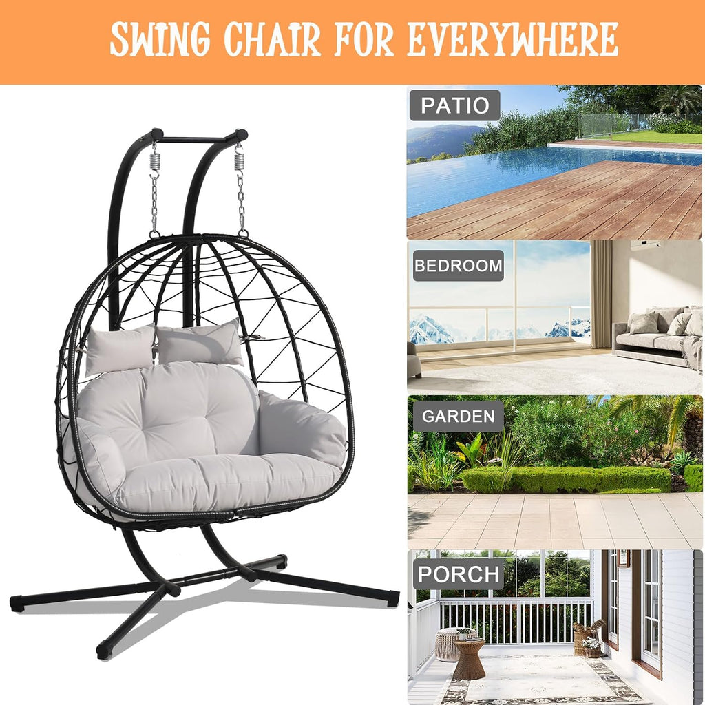 Double Egg Chair Outdoor, 2 Person Hanging Egg Chair with Stand, Patio Wicker Egg Swing Chair for Garden, Backyard, Balcony, 600Lbs Heavy Duty(BL-GR)