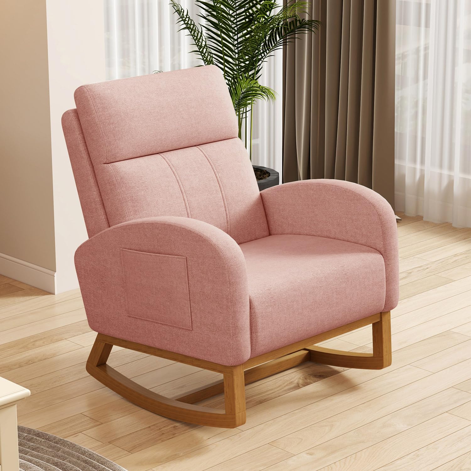 Gaussen Glider Rocking Chair Nursery Comfy Accent Chair with High Backrest Upholstered Living Room Chairs with Pocket Armchair Reading Chair for Bedroom Nursery Office (Pink)