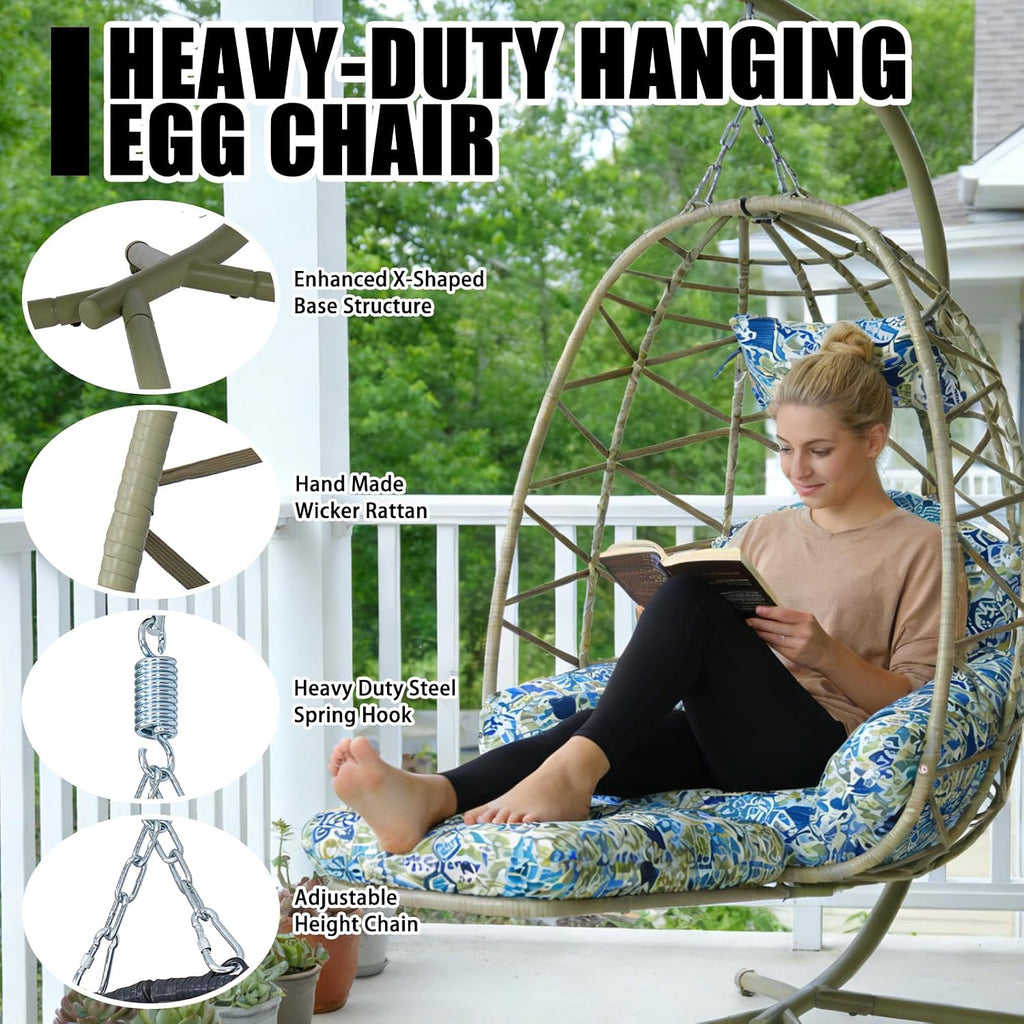 Hanging Egg Chair with Stand & Leg Rest,Rattan Wicker Swing Chair with Cushion,Patio Basket Hanging Chair Wicker Hammock Chair for Indoor Outdoor Bedroom Garden,300LBS (Coffee Rattan&Floral Cushion)