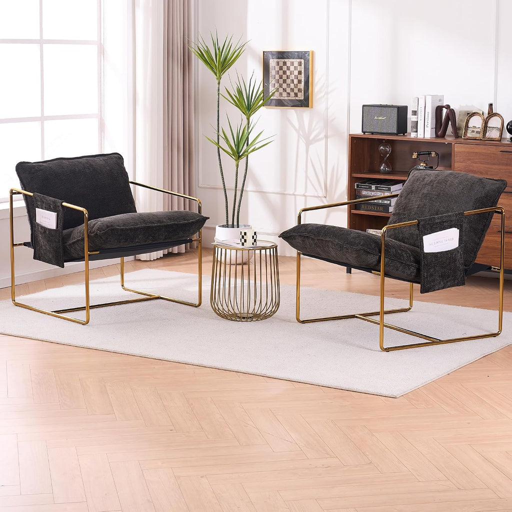 Comfy Sling Accent Chair Set of 2 Upholstered Hanging Armchairs with Pockets Metal Frame Skin-Friendly Fabric Reading Chair for Living Room Bedroom (Dark Grey Cushion & Gold Metal Frame)