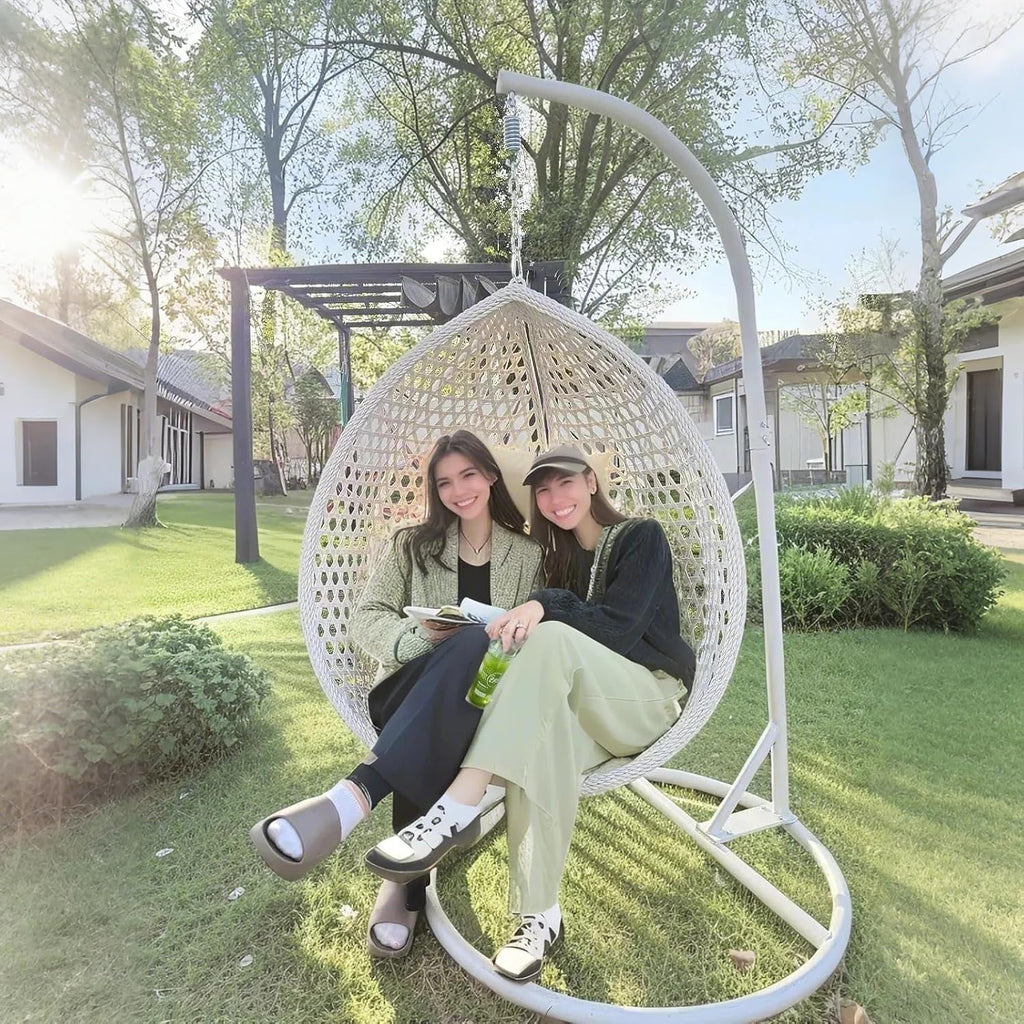 Hanging Egg Chair Outdoor Indoor,Wicker Swing Egg Chair with Stand, 300lbs Capacity for Bedroom Patio Garden Balcony Yard (White)