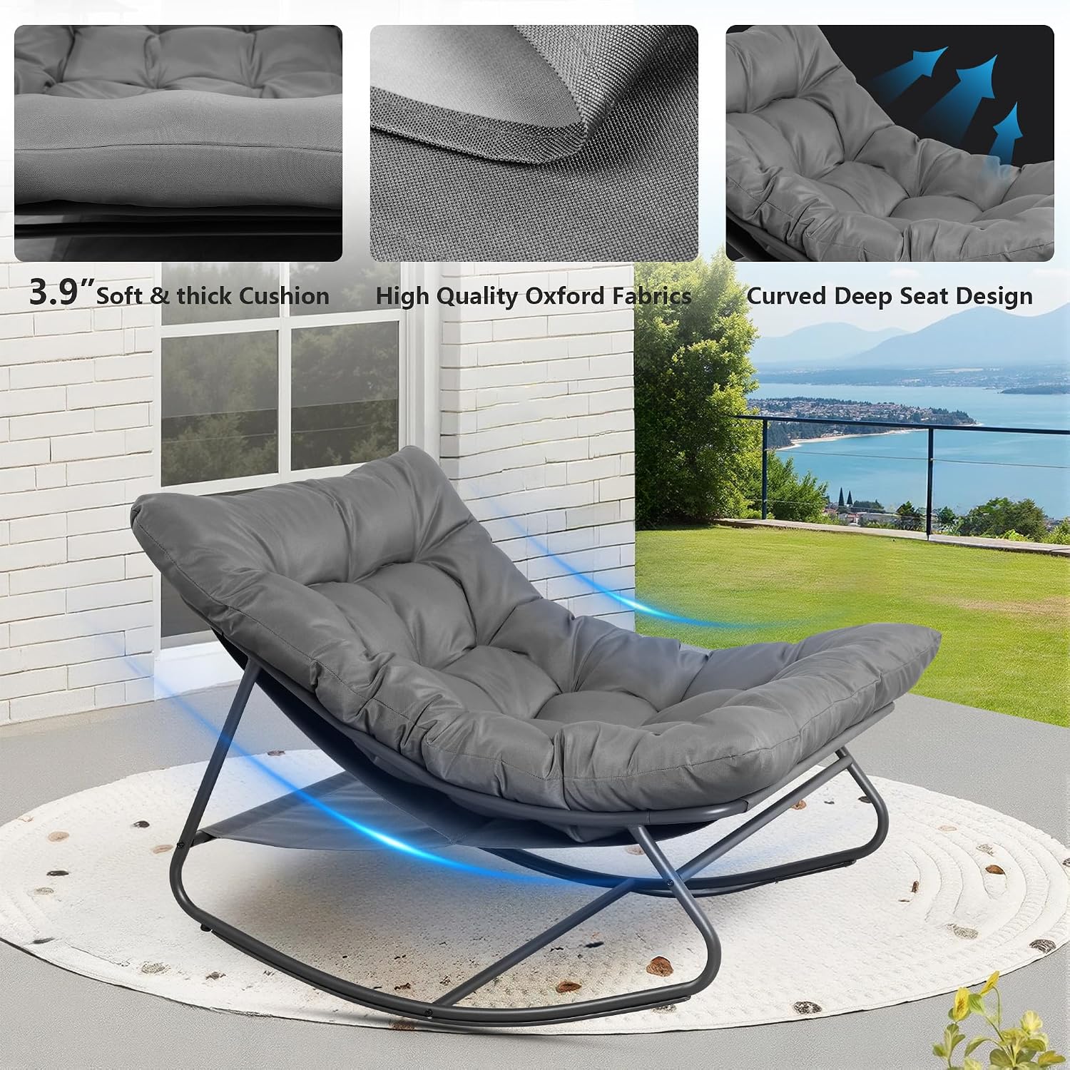 NOBLEMOOD Oversized Rocking Chairs Set of 2, Outdoor & Indoor Papasan Rocking Chair with Thick Cushions, Metal Rocker Chair Set for Living Room, Patio, Porch, Garden, Backyard