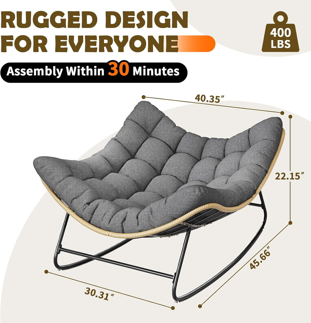 Outdoor Rocking Chair, 2 PCS Indoor Papasan Chairs, Oversized Egg Rocking Chair with Thick Cushion, Rattan Wicker Rocker Lounge Chair for Bedroom, Living Room, Patio, Garden, Porch (Dark Grey)