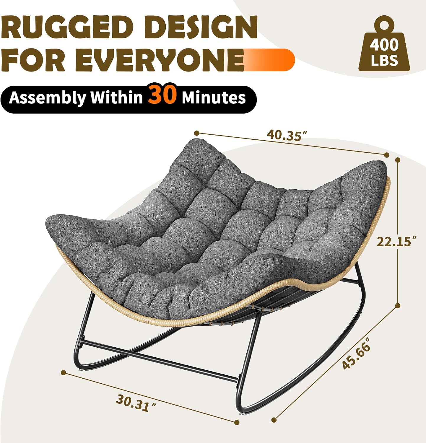 Outdoor Rocking Chair, Indoor Papasan Chair, Oversized Egg Rocking Chair with Thick Cushion, Rattan Wicker Rocker Lounge Chair for Bedroom, Living Room, Patio, Garden, Porch (Dark Grey)