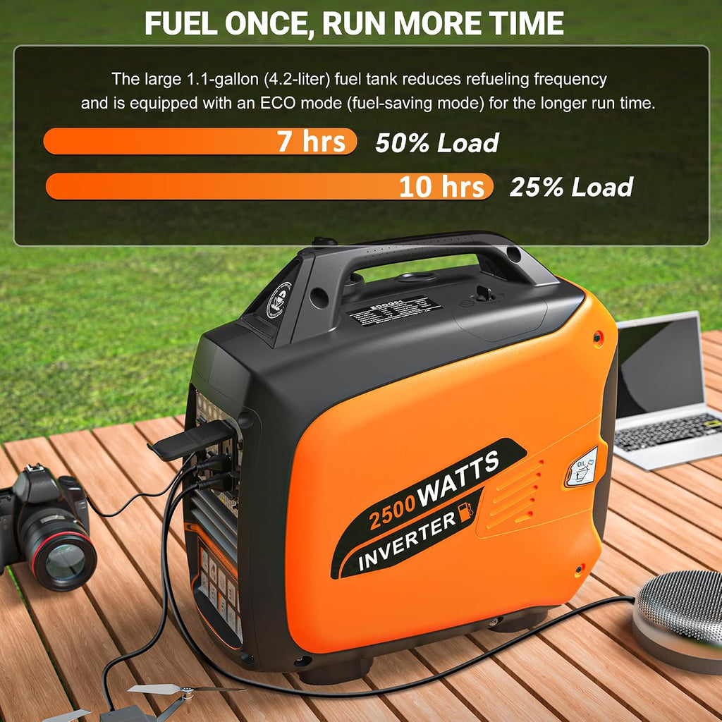 2500 Watt Portable Inverter Generator, Ultra-Quiet Long Runtime Gas Generator with CO-Sensor Fuel Off, Parallel function, for Camping, Tailgating, Home Emergency Use, EPA Compliant (Orange)