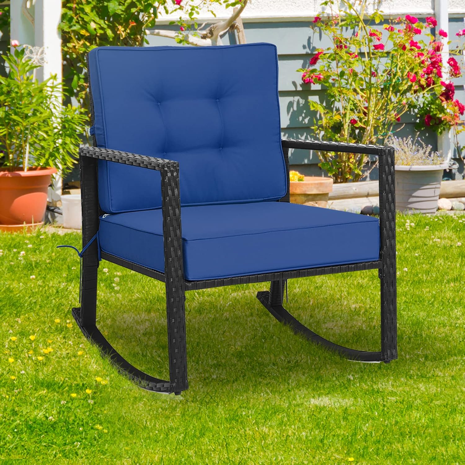 Tangkula Wicker Rocking Chair, Outdoor Glider Rattan Rocker Chair with Heavy-Duty Steel Frame, Patio Wicker Furniture Seat with 5' Thick Cushion for Garden, Porch, Backyard, Poolside (1, Blue)