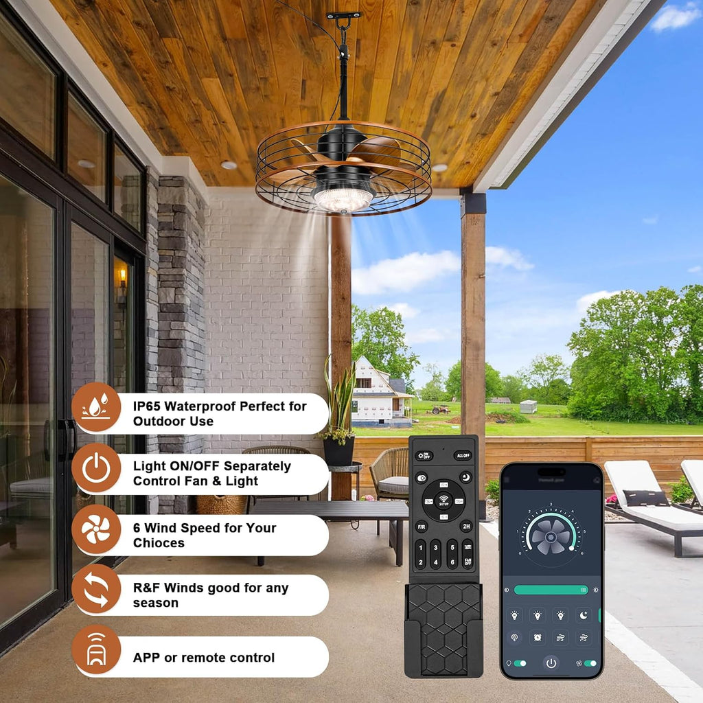 20' Outdoor Ceiling Fan with Light for Patios Waterproof Caged Gazebo Fans Outdoor Hanging Lighting with Plug-in Cord, Dimmable LED, Remote APP Control, 6 Speeds for Pergola Porch Gazebo (Brown)