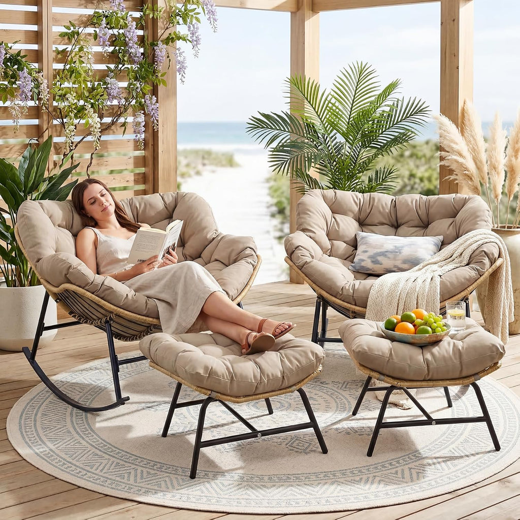 BULEXYARD 4 PCS Rocking Papasan Chair with Ottoman, 2 Person Patio Egg Rocker with Brown Cushion, Double Rocking Chair for Reading/Relaxing, Comfortable Wicker Recliner for Balcony, Porch, Garden