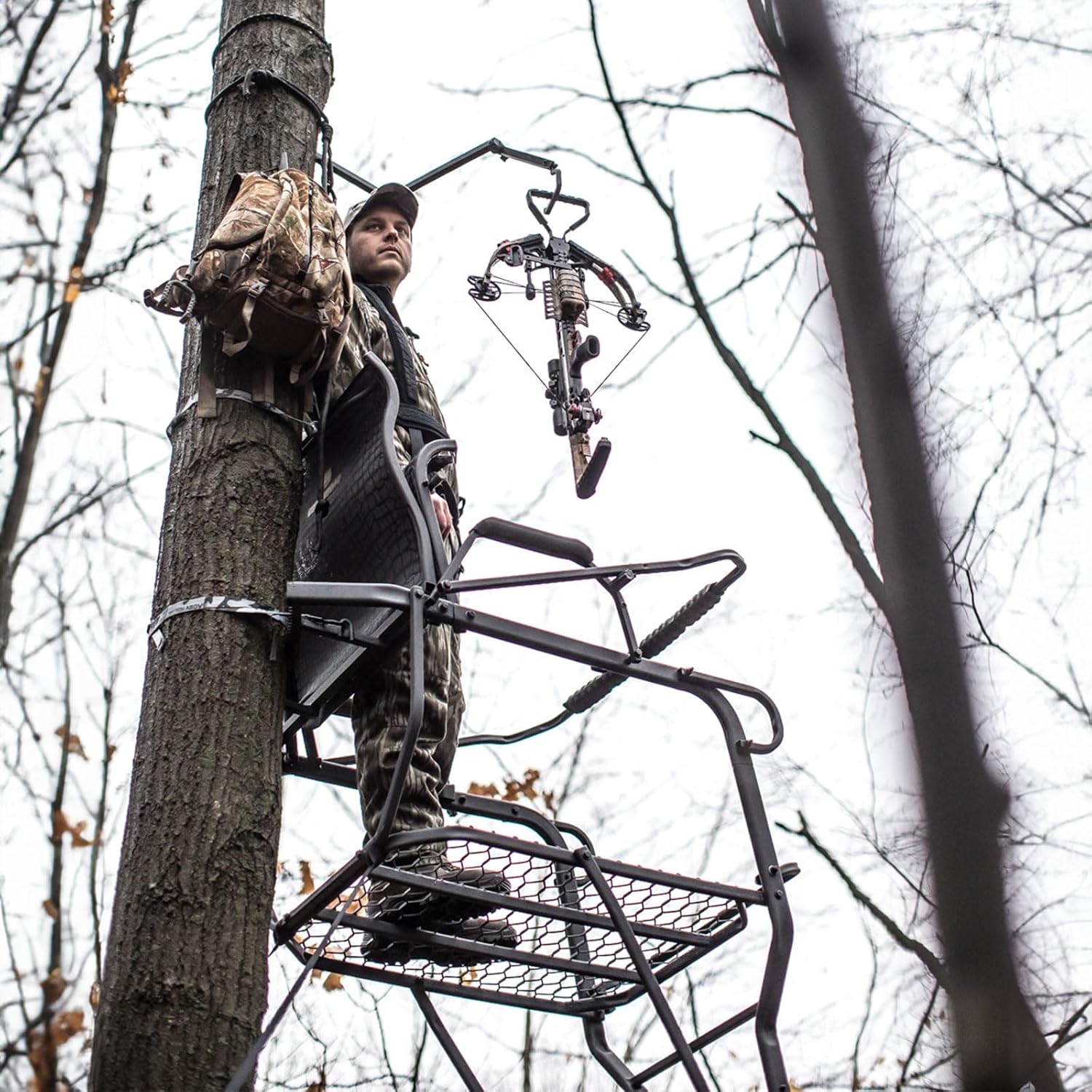 Hawk 21' Sasquatch 1.5-Man Ladder Stand | Durable Hunting Archery Steel 1 Person Tree Stand with Flip Up Chair, Hercules Cross Grip Safety System