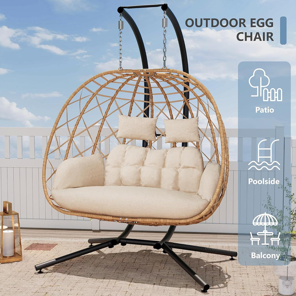 SWITTE Double Egg Swing Chair with Stand, 2 Person Outdoor Indoor Hammock Hanging Chair with Cushion for Patio Living Room 650 LBS Capacity-Beige