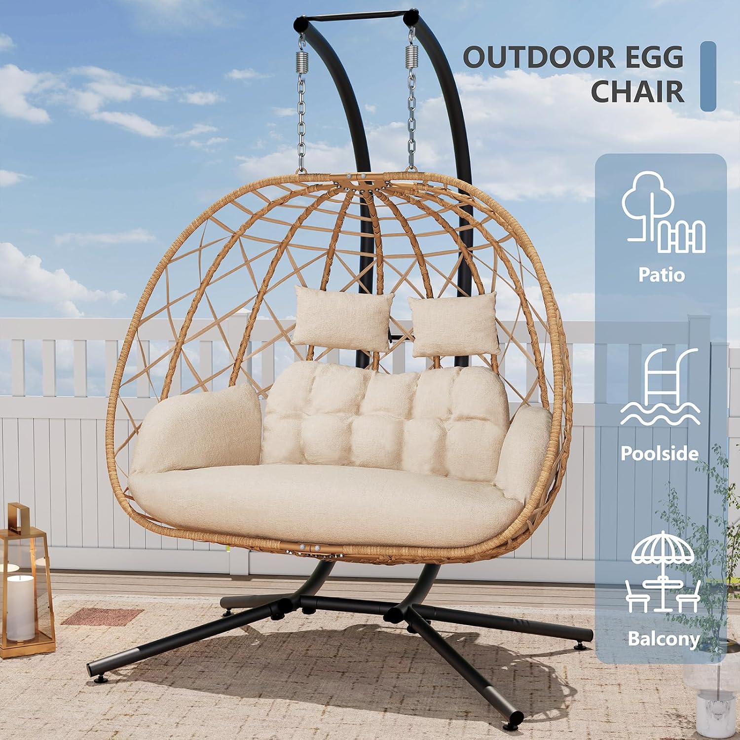 SWITTE Double Egg Swing Chair with Stand, 2 Person Outdoor Indoor Hammock Hanging Chair with Cushion for Patio Living Room 650 LBS Capacity-Beige