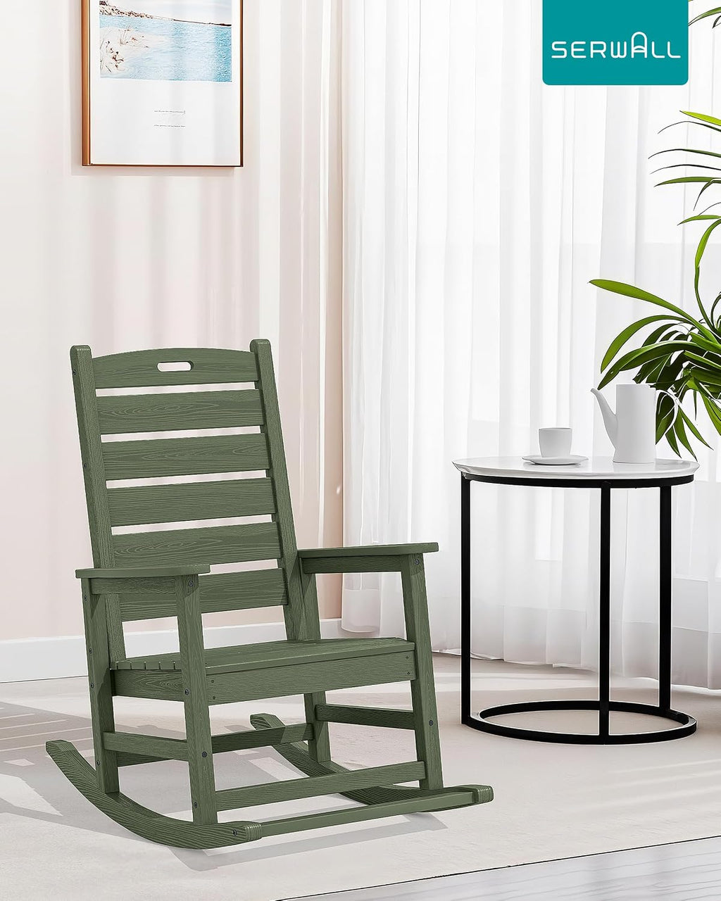 SERWALL Outdoor Rocking Chair, Oversized Rocking Chair with Footrest for Adults, HDPE All Weather Resistant Rocking Chairs for Patio, 350lbs Weight Capacity, Avocado Green