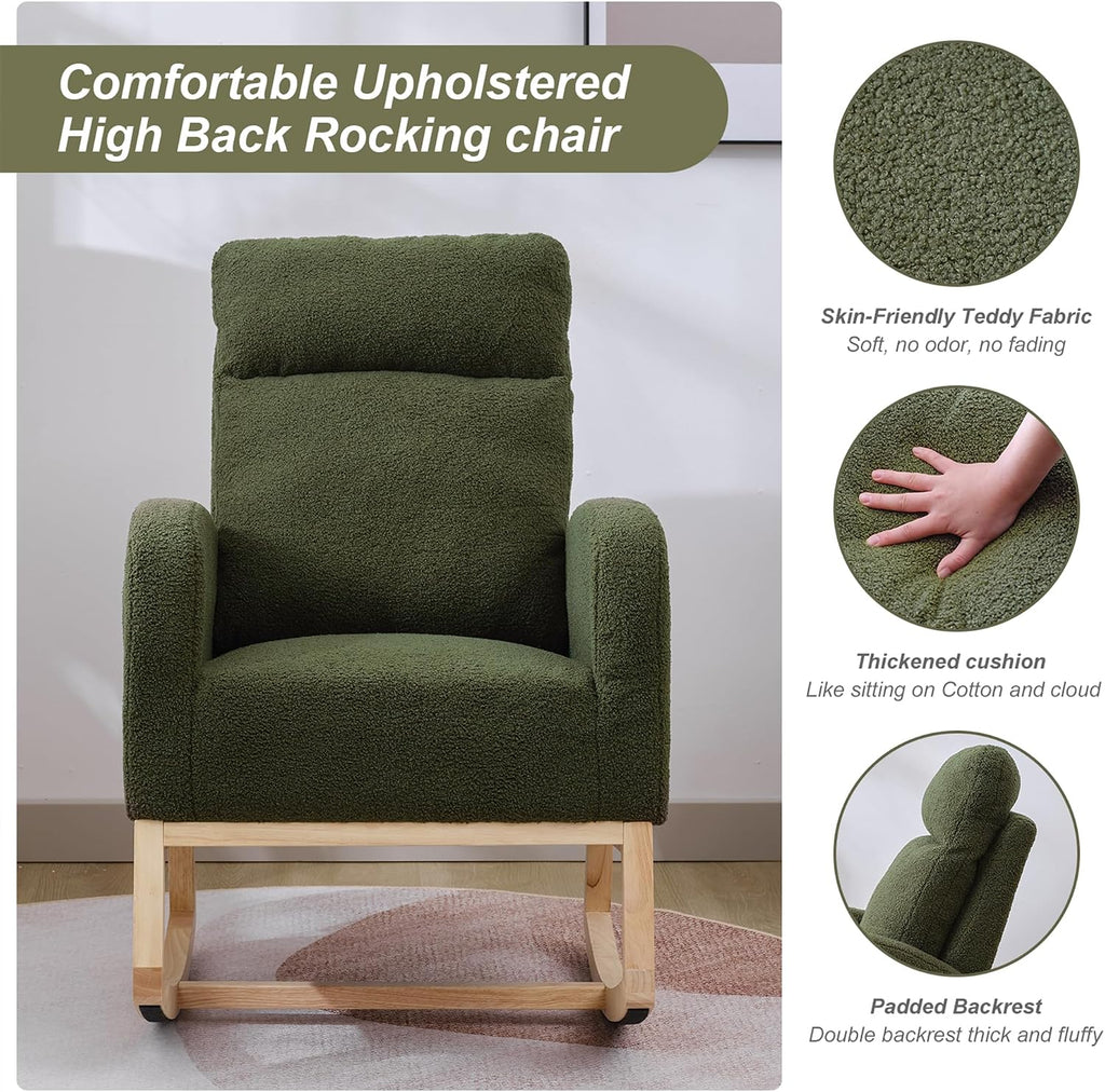 Nursery Rocking Chair with Solid Wood Legs, Glider Chair for Nursery with Side Pocket, Rocker Armchair for Living Room Bedroom (Dark Green, Teddy Fabric)