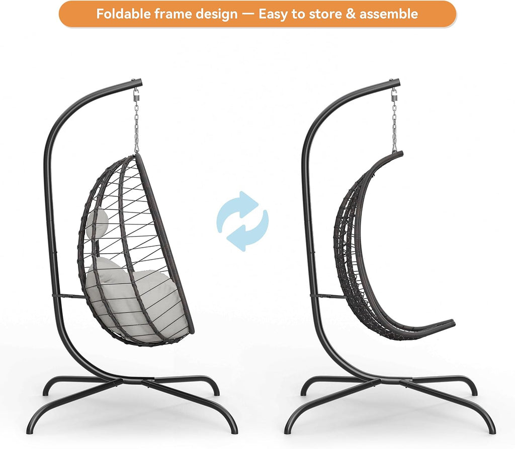 2 Pieces Outdoor Hanging Egg Chair with Stand,Patio Wicker Swing Egg Chair Hammock Chair with UV Resistant Cushion,All-Weather 485lbs Capacity for Bedroom,Balcony,Garden,Beige