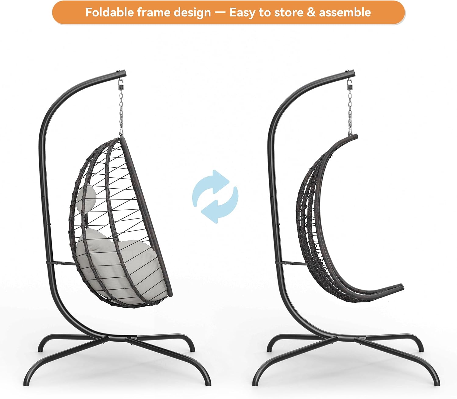 2 Pieces Outdoor Hanging Egg Chair with Stand,Patio Wicker Swing Egg Chair Hammock Chair with UV Resistant Cushion,All-Weather 485lbs Capacity for Bedroom,Balcony,Garden,Beige