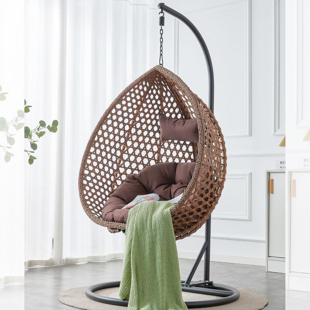 Egg Chair Indoor Outdoor, Hanging Chair for Bedroom, Swing Chair Hammock with Stand & Cushions, Comfy Swinging Chair Adult Reading Chair for Patio Balcony Backyard, Heavy Duty 350LBS, Brown