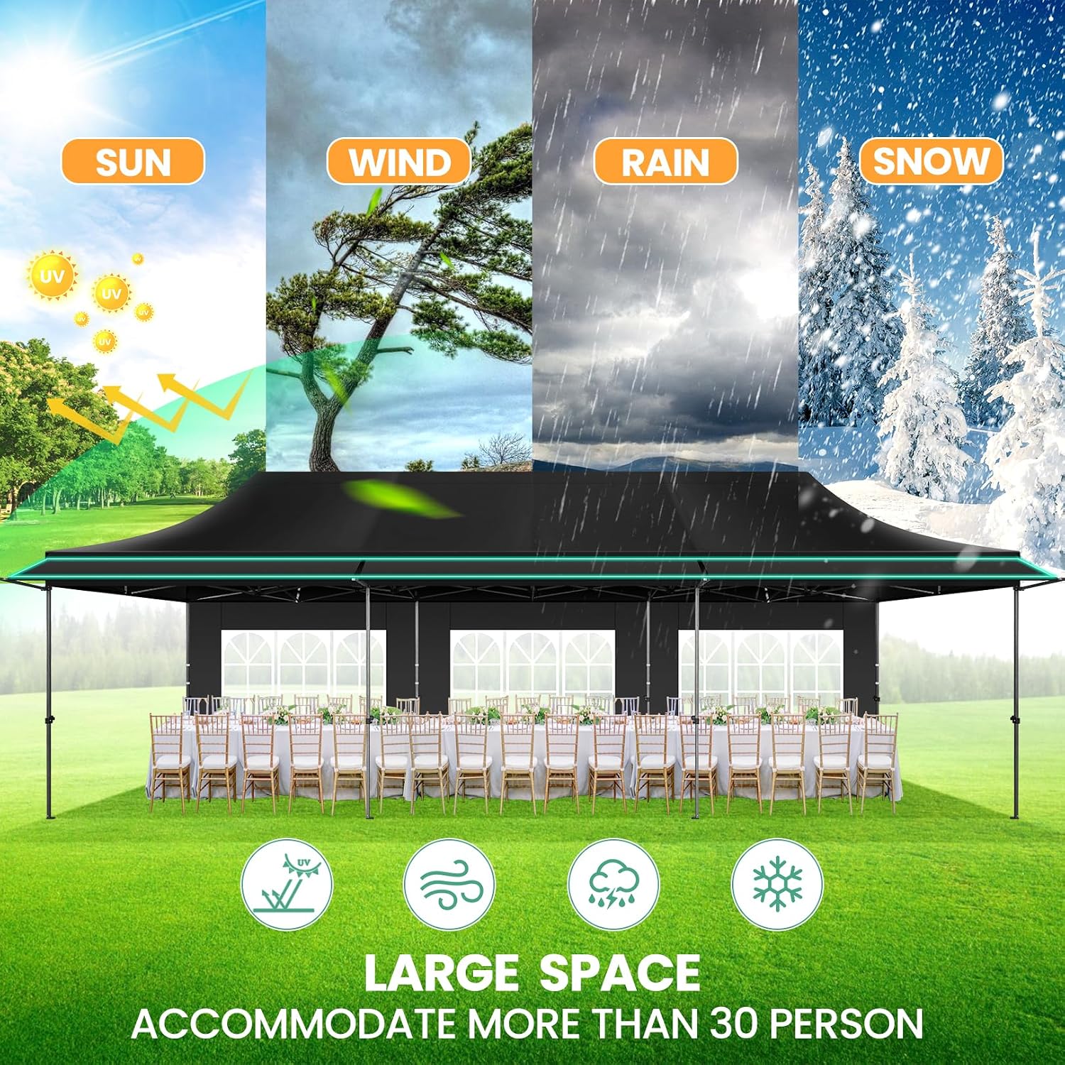 COBIZI 10x30 Pop Up Canopy Tent with Awning & Sidewalls, Heavy Duty Commercial 10X30 Canopy Tents Instant Waterproof, UPF 50+ Sun Shade for Outdoor, Parties, Markets (Black)