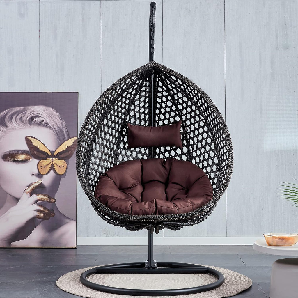 Hanging Egg Swing Chair with Stand, Rattan Wicker Hanging Egg Chair Hammock Indoor with Cushions, Swinging Chair for Bedroom Outdoor Patio Balcony Backyard Sunroom Heavy Duty 350LBS (Black)