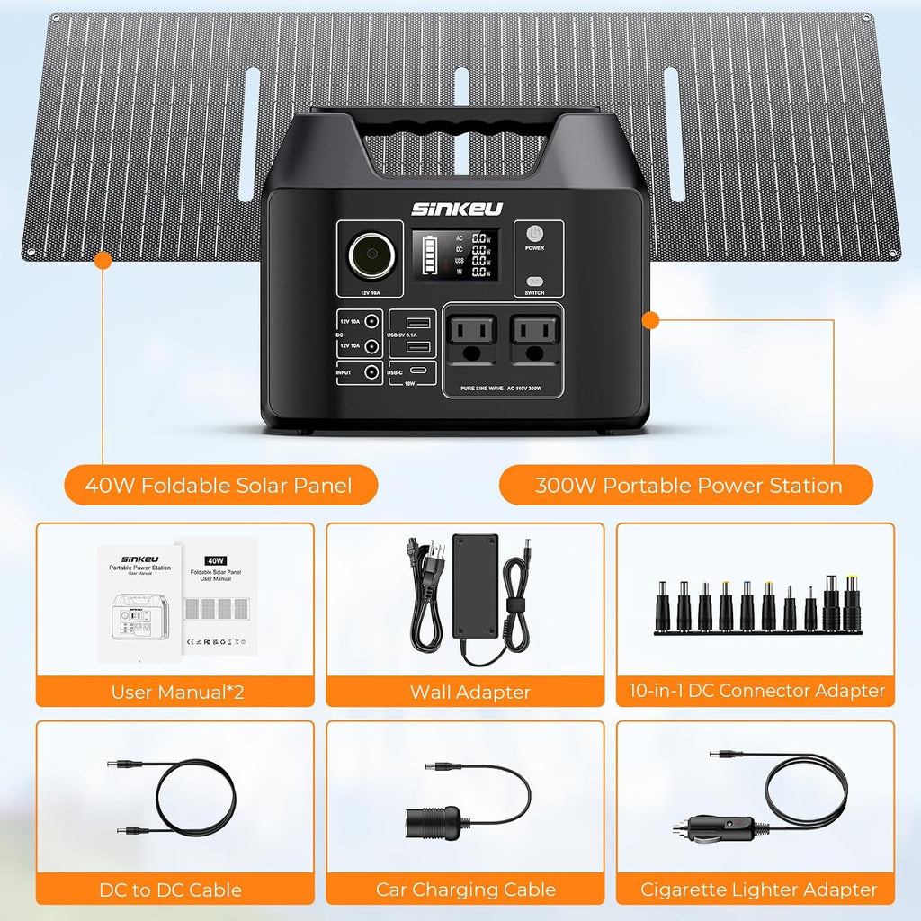 SinKeu Solar Generator with Panels Included - 300W Portable Power Station with 40W Solar Panel,256Wh (80000mAh) LiFePO4 Battery with USB DC AC Outlets for Home, Laptop, RV, Hurricane, Camping