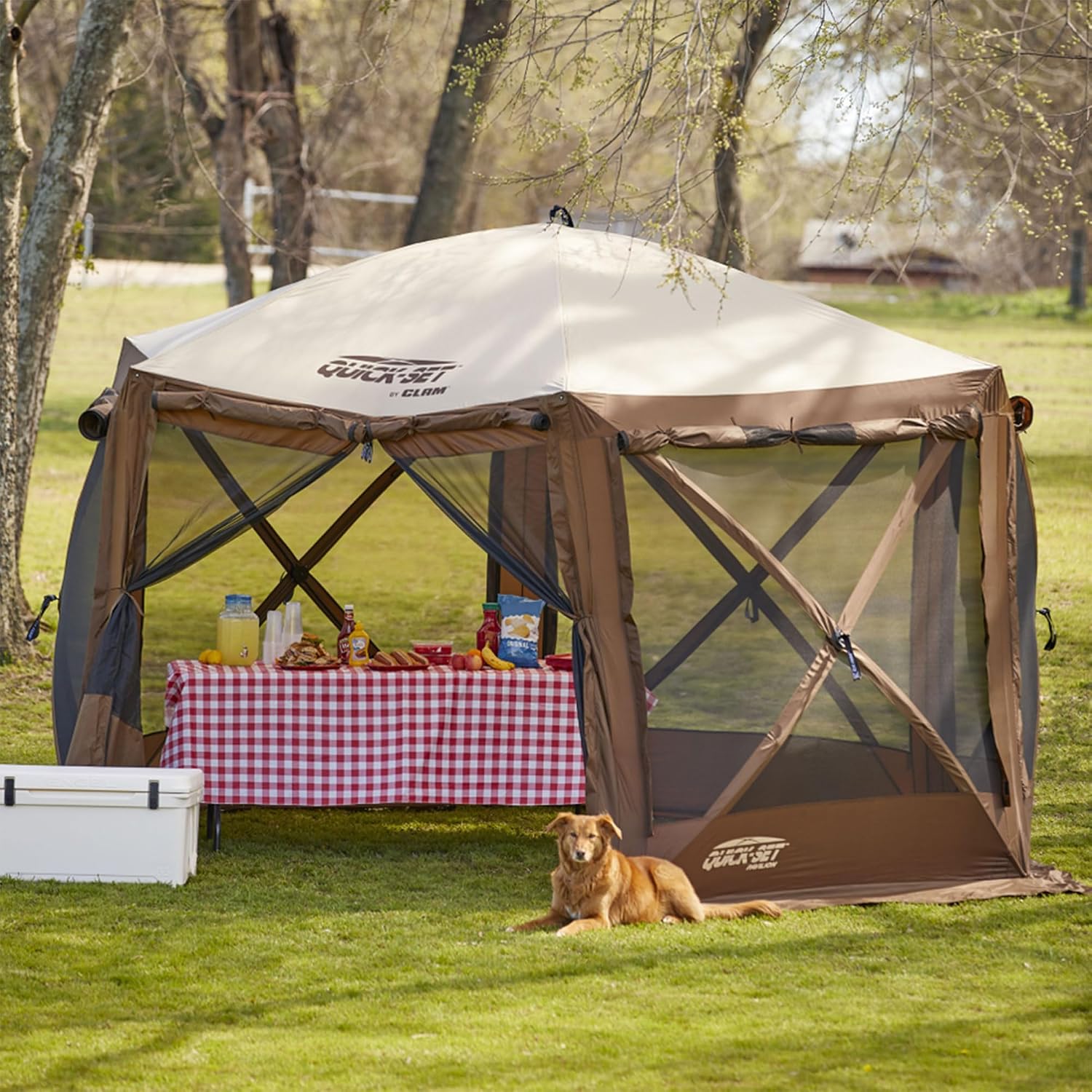 CLAM Quick Set Pavilion 12.5 x 12.5 Foot Portable Pop Up Outdoor Camping Gazebo Screen Tent Canopy Shelter and Carry Bag with Tarp Cover, Brown