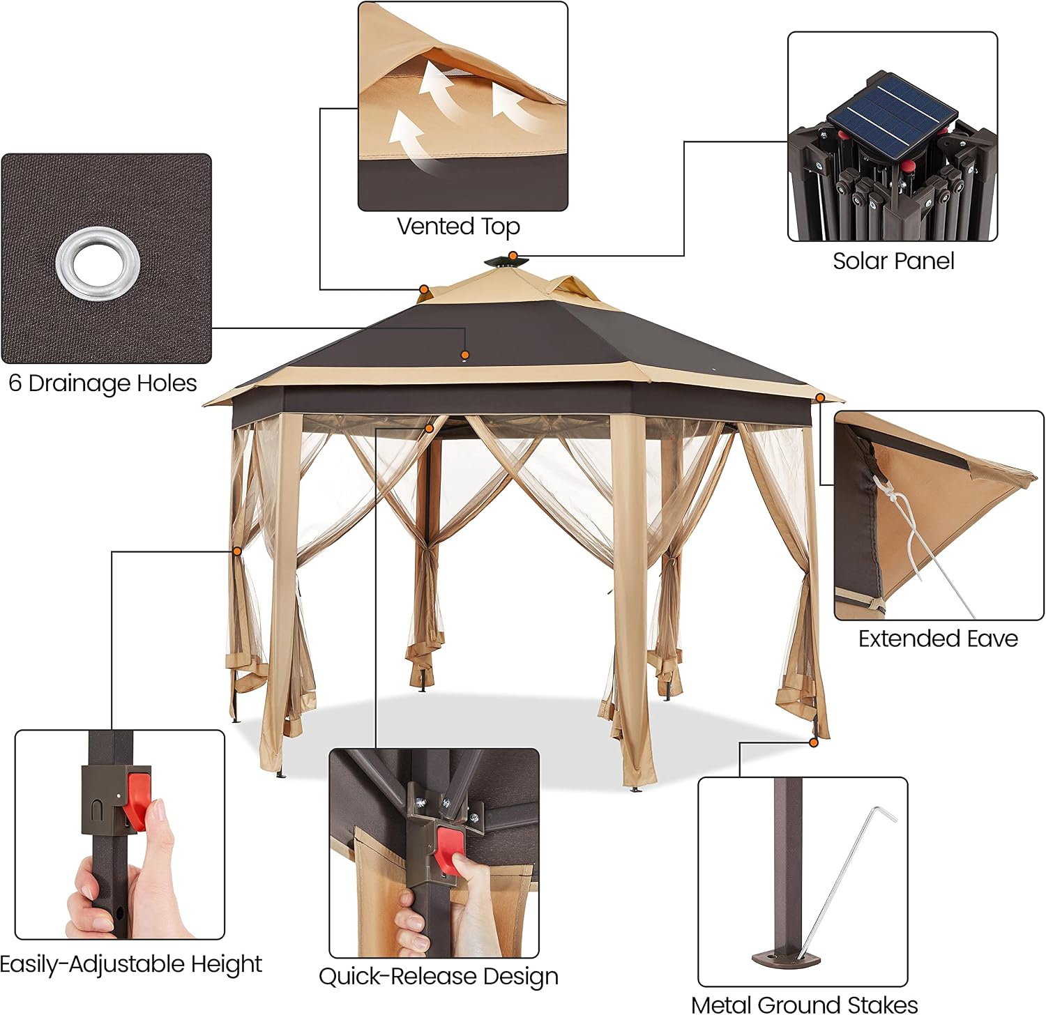 Topeakmart Instant Pop-up Gazebo 13 x 13 Canopy Tent Shelter with 25 Solar LED Lights, Mesh Netting Sides, Storage Bag, Bonus Weight Sandbags, Stakes, Ropes, Khaki & Brown