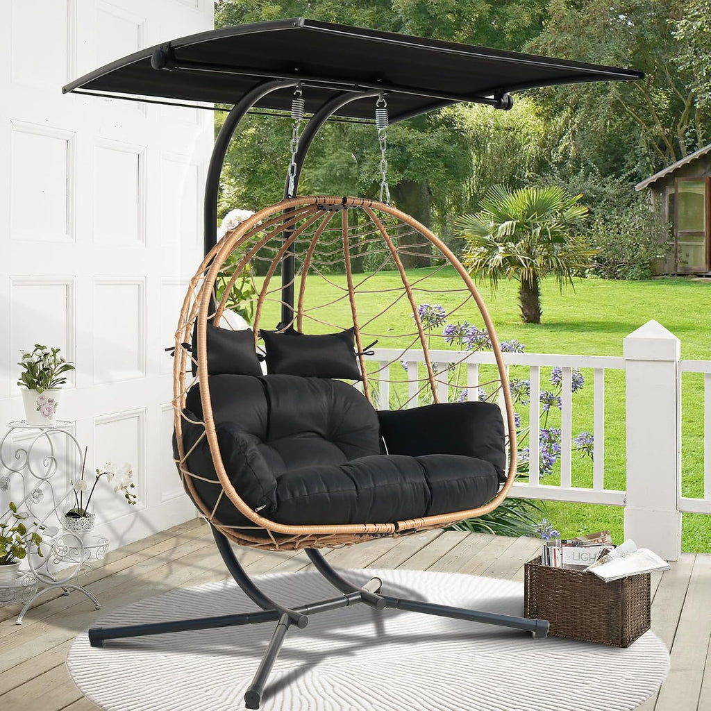 Double Egg Swing Chair With Stand & Adjustable Canopy, Outdoor Indoor Hanging Egg Chair, Handwoven Pe Rattan Loveseat With Uv-Resistant Cushions, 680Lbs Capacity For Patio, Garden, Balcony (Black)