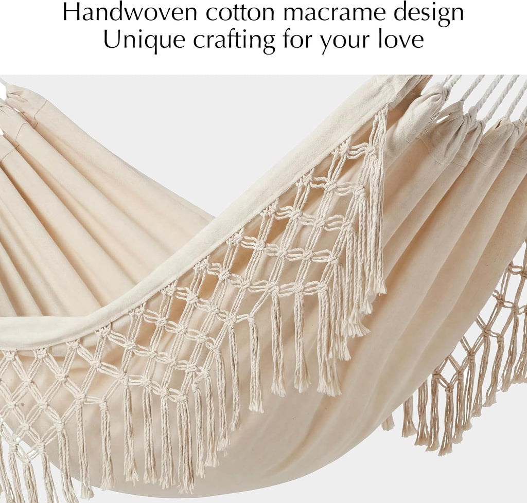 PNAEUT Handmade Tassel Hammocks, Double Hammock with Stand for Outside, Max 450 lbs Capacity, Pillow & Storage Bag Included (Beige)