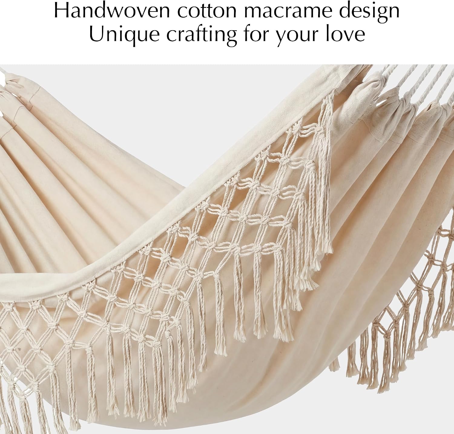 PNAEUT Handmade Tassel Hammocks, Double Hammock with Stand for Outside, Max 450 lbs Capacity, Pillow & Storage Bag Included (Beige)