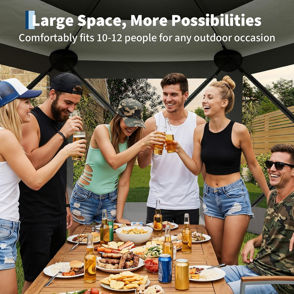 GarveeLife 11.5x11.5FT 6-Sided Pop Up Gazebo Tent，One-Push Setup Canopy Tent with Mesh Panels & Removable Wind Cloths, Outdoor shelter for Camping, Backyard Parties, Outdoor Events - Grey