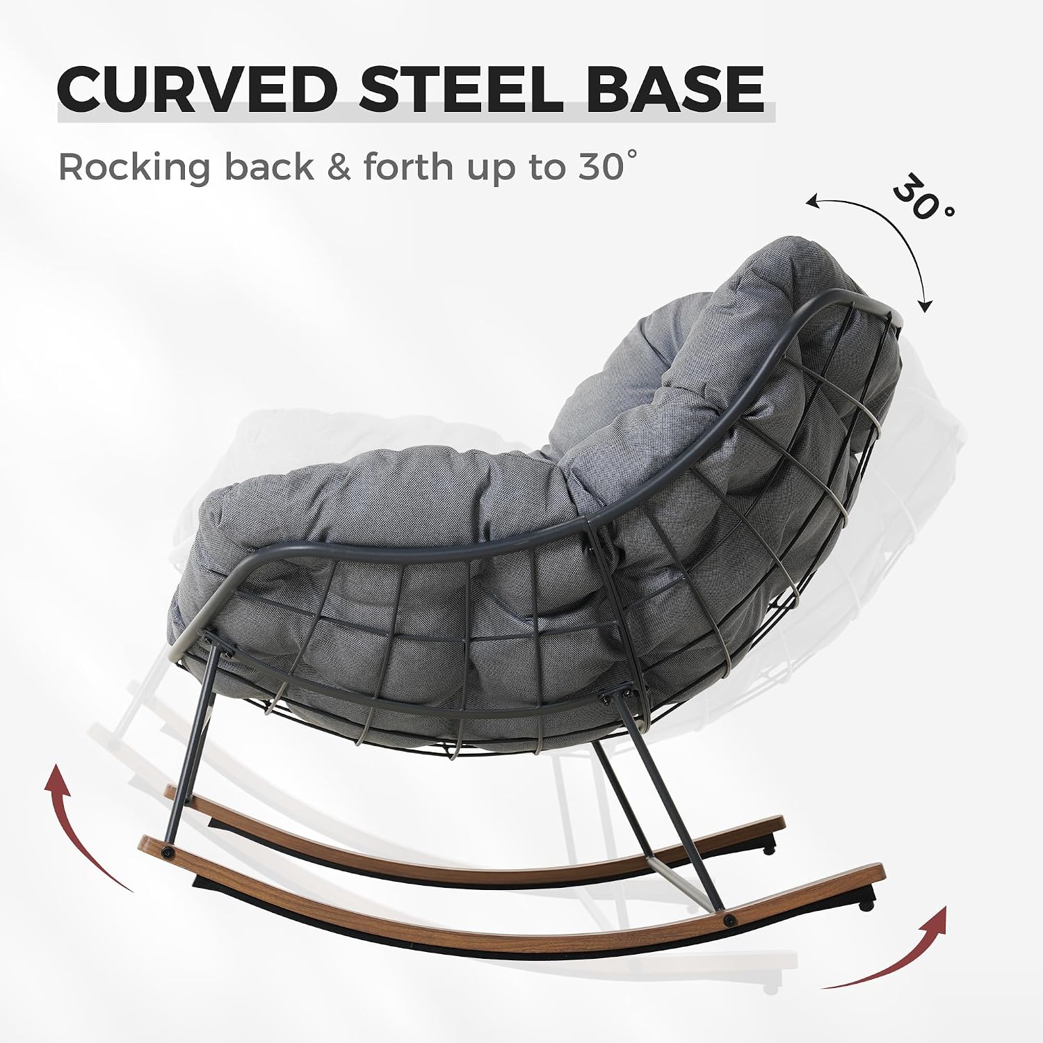 Grand patio Outdoor Rocking Chair, Oversized Papasan Rocking Chair with Thick Cushion, Indoor Outdoor Cozy Rocker for Balcony, Living Room, Patio, Gray