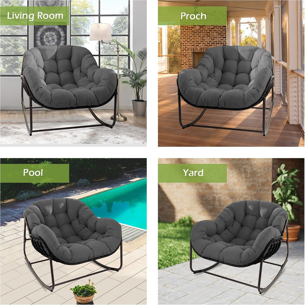 Papasan Rocking Chair, Oversized Papasan Chair with Cushion and Frame for Indoor& Outdoor,Egg-Shaped Patio Rocking Chair for Garden, Deck, Living Room, Light Grey