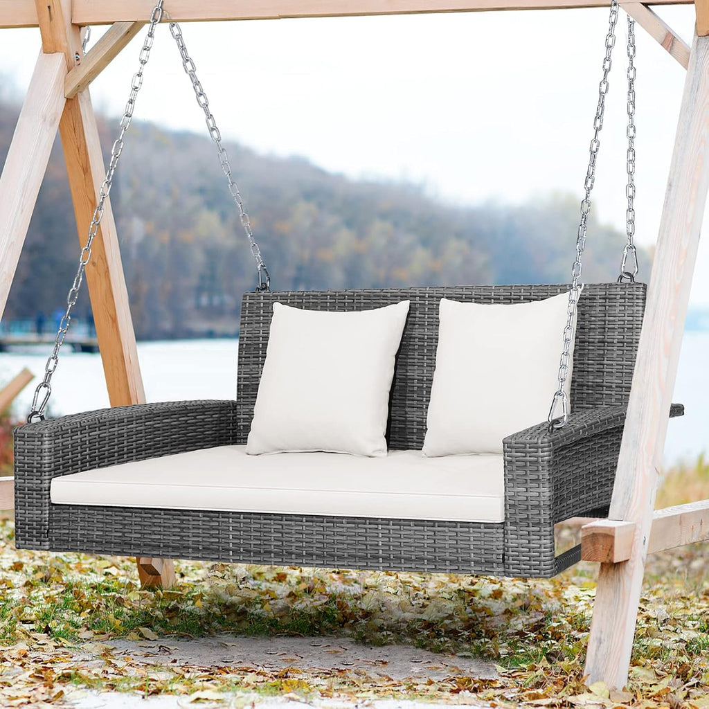 Tangkula 2 Person Wicker Hanging Porch Swing, Patiojoy Outdoor Rattan Swing with Soft Cushions and 2 Rustproof Steel Chains, 800 LBS Patio Swing Bench for Balcony, Garden and Yard
