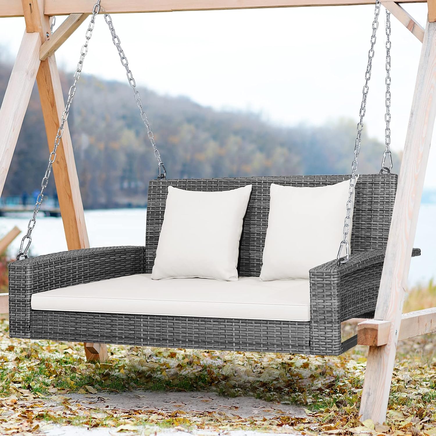 Tangkula 2 Person Wicker Hanging Porch Swing, Patiojoy Outdoor Rattan Swing with Soft Cushions and 2 Rustproof Steel Chains, 800 LBS Patio Swing Bench for Balcony, Garden and Yard