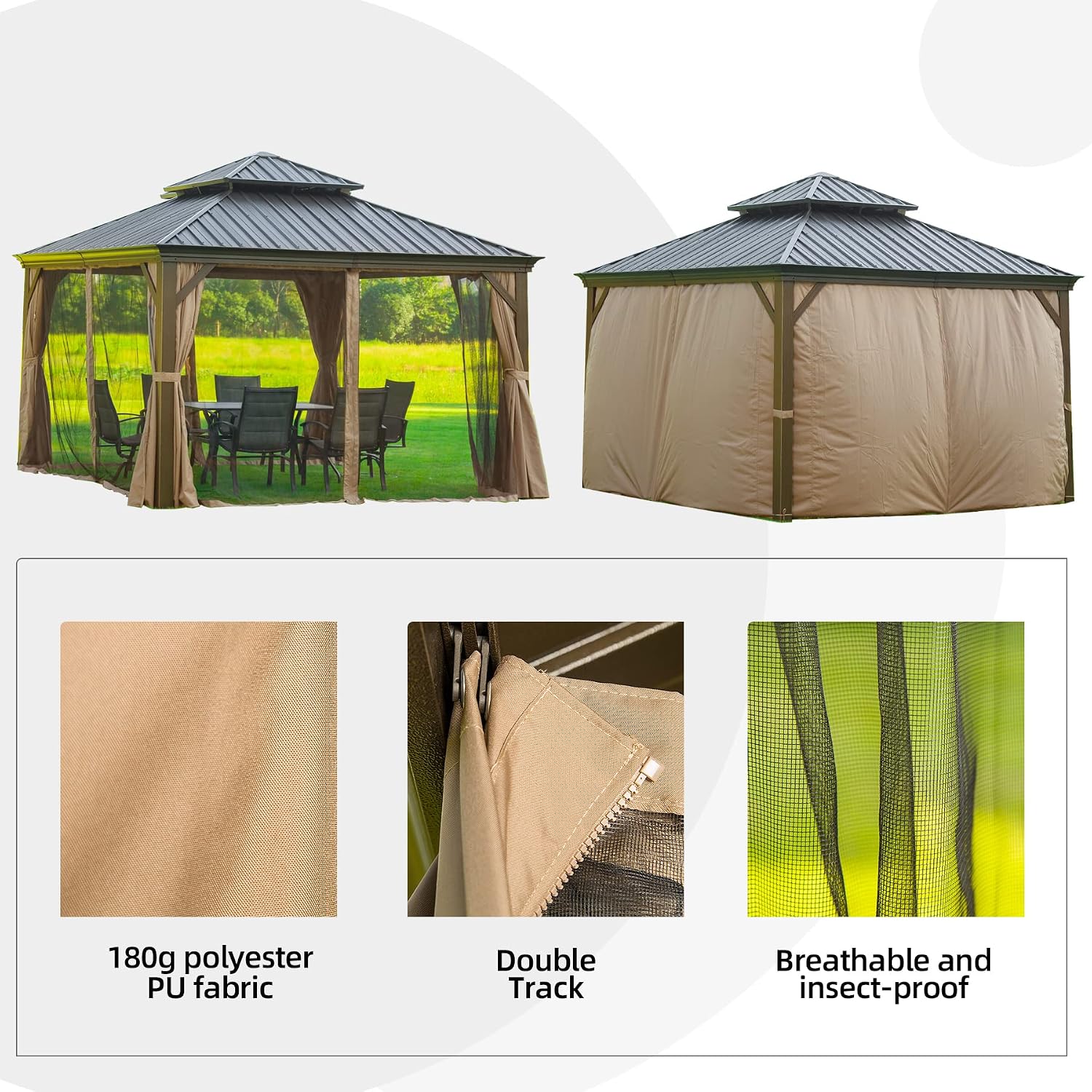 Domi Hardtop Gazebo 12x12FT, Outdoor Gazebo with Galvanized Steel Double Roof, Aluminum Frame, Built-in Gutter System, Curtain and Netting, Metal Gazebo Pavilion for Patio Deck Garden, Wood-Looking