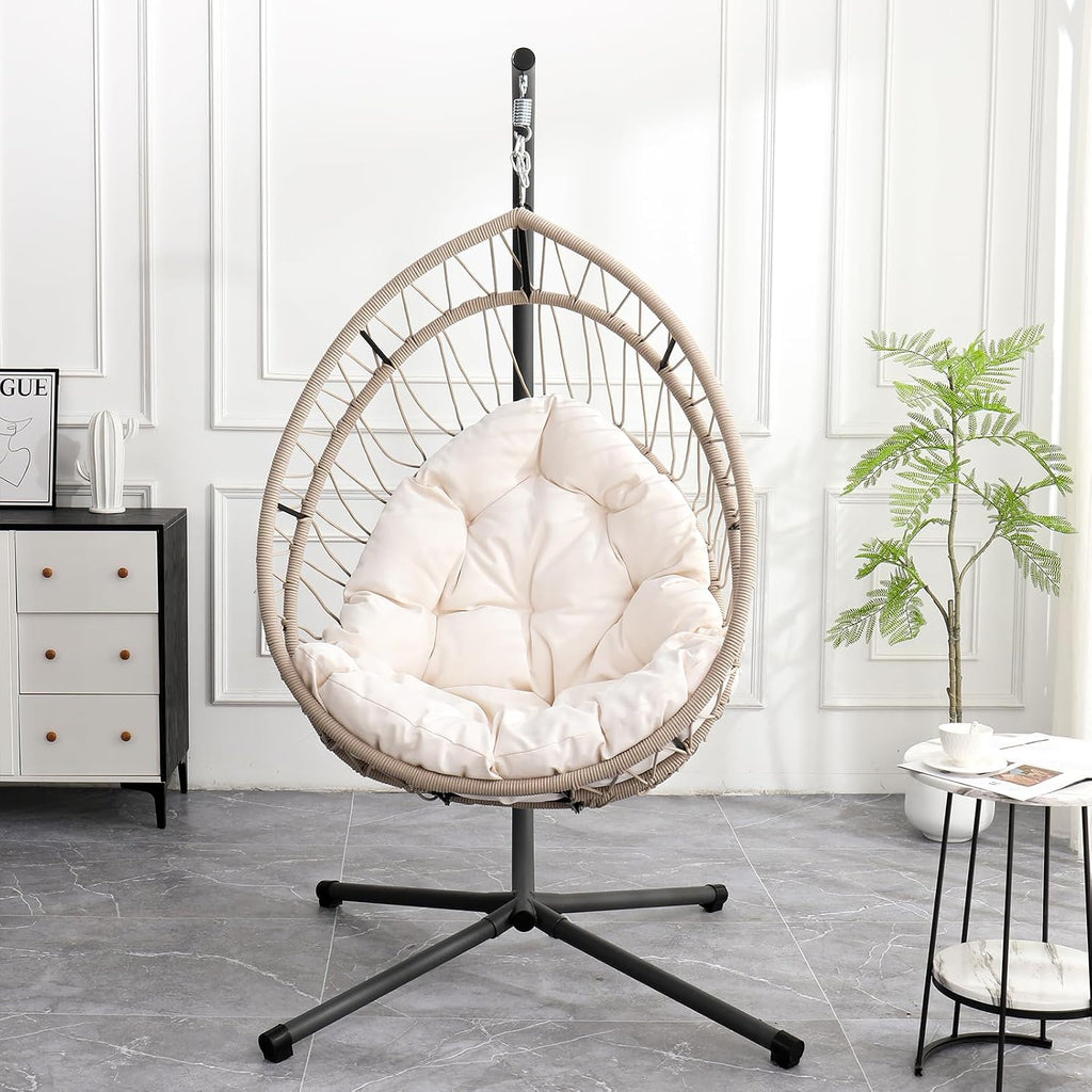 Hanging Egg Chair with Stand, Foldable Patio Hammock Egg Swing Chair Made by All-Weather Core-Spun Polyester Rope with Soft Cushion for Bedroom Garden Indoor Outdoor, 350Lbs Cap. (Beige)