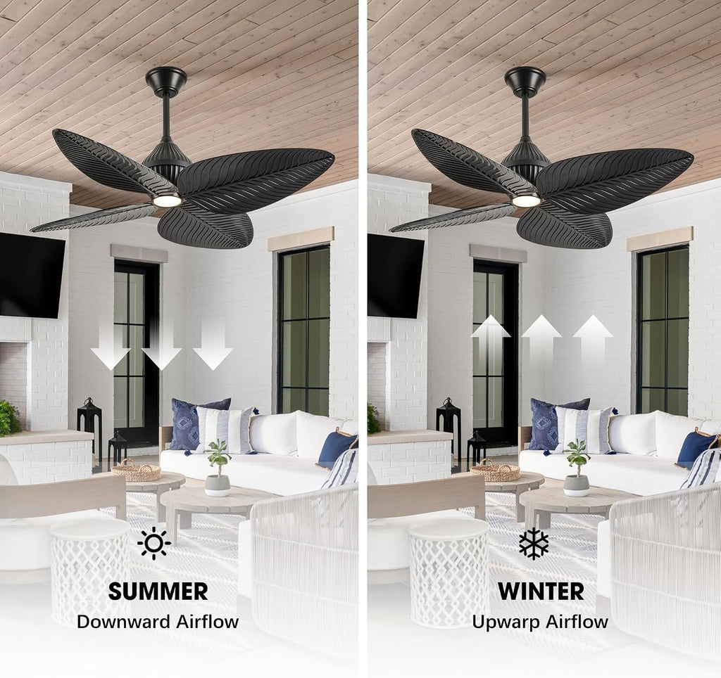 52' Tropical Ceiling Fans with Lights, Indoor Palm Leaf Ceiling Fan with Light and Remote for Living Room Bedroom, ABS Blades, Dimmable LED Lights, 6 Speeds, Adjustable Height-Black