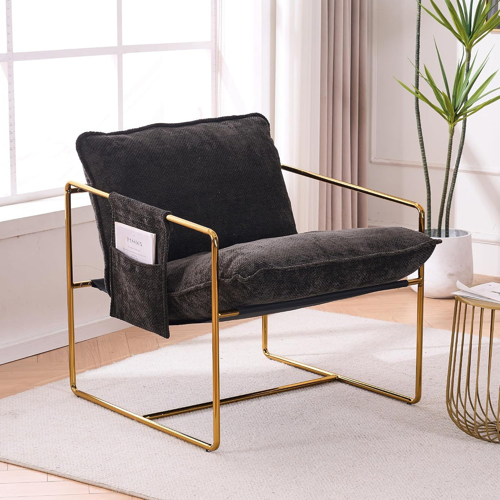 Comfy Sling Accent Chair Set of 2 Upholstered Hanging Armchairs with Pockets Metal Frame Skin-Friendly Fabric Reading Chair for Living Room Bedroom (Dark Grey Cushion & Gold Metal Frame)