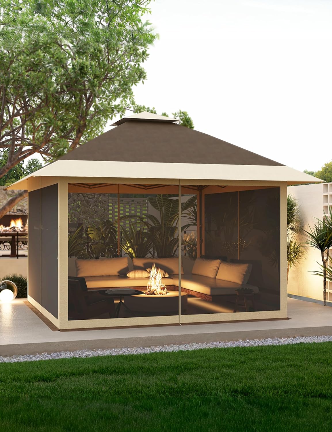 KYBOLT 13x13 Pop Up Gazebo Outdoor Canopy Shelter with Mosquito Netting 4 Stanbags Instant Gazebo Tent for Lawn, Garden, Backyard Deck (Khaki + Dark Khaki)