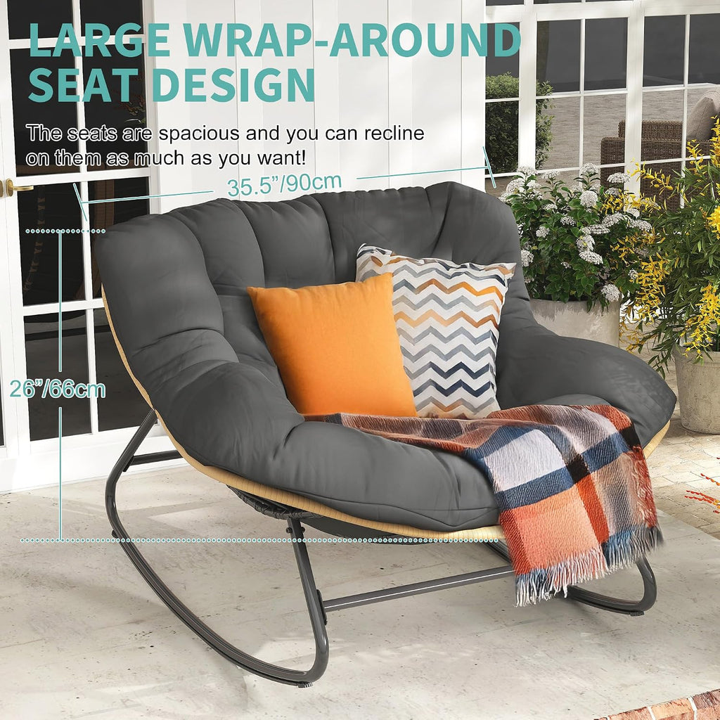Fancyango Oversized Egg Rocking Chair for Indoor/Outdoor – All-Weather Wicker Rattan Lounge Chair with Cushion, Patio Rocker for Porch, Garden, or Balcony (Dark Grey1, 37.8' D x 36.6' W x 33' H)
