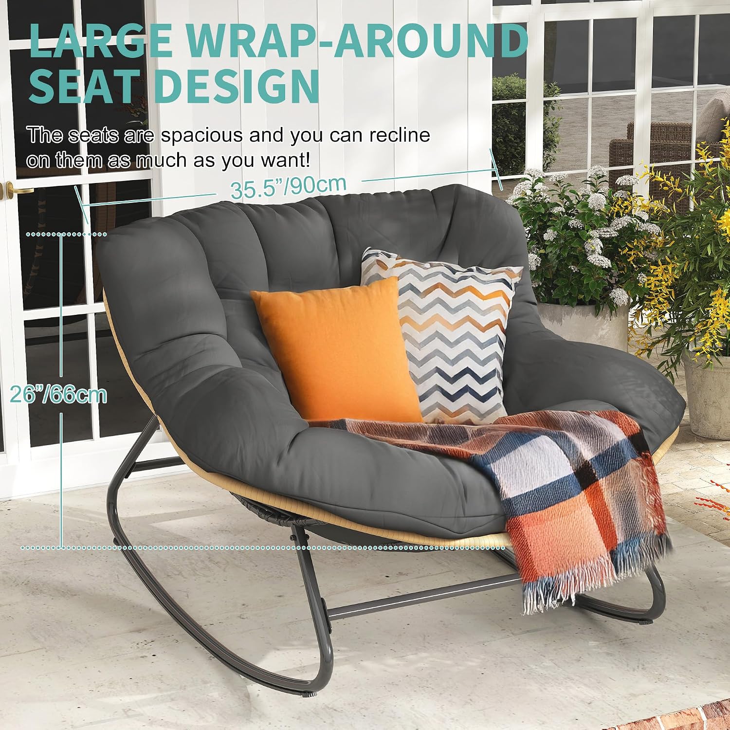 Fancyango Oversized Egg Rocking Chair for Indoor/Outdoor – All-Weather Wicker Rattan Lounge Chair with Cushion, Patio Rocker for Porch, Garden, or Balcony (Dark Grey1, 37.8' D x 36.6' W x 33' H)