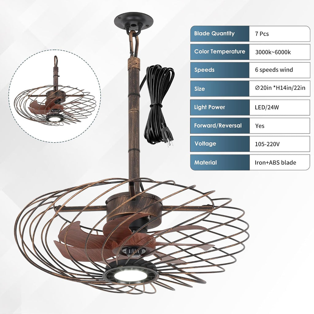 20' Outdoor Ceiling Fan with Light, Waterproof Gazebo Fan Remote Control, Dimmable LED Light, Hanging Black Caged Ceiling Fixtures with Plug in Cord for Patios Pergola, Black Gold