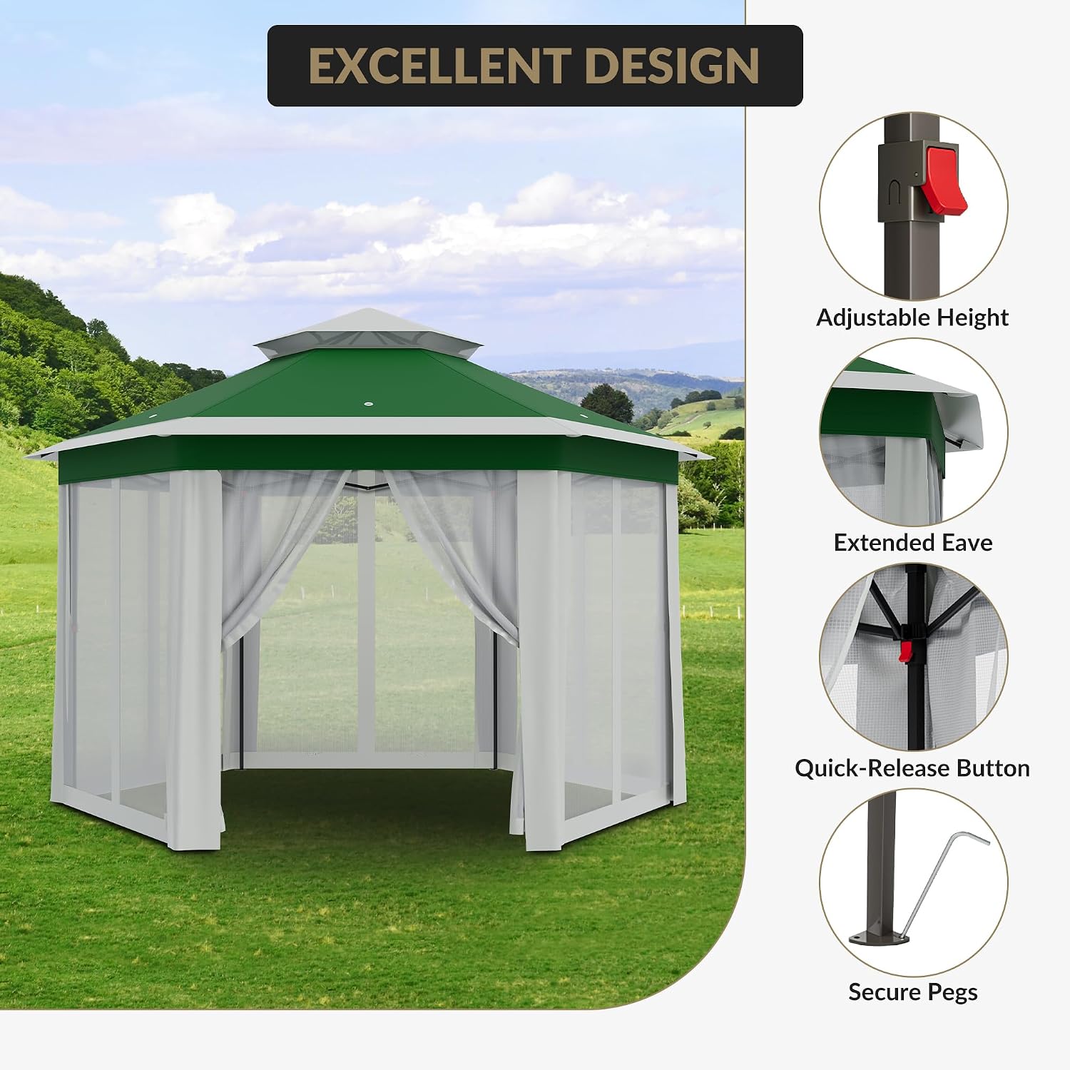 Pop-Up Instant Gazebo 13X13FT - Height Adjustable Outdoor Shelter with Mosquito Netting | Strong Steel Frame, UV Protection | Portable Carry Bag Included for Backyard Parties, Garden Gatherings