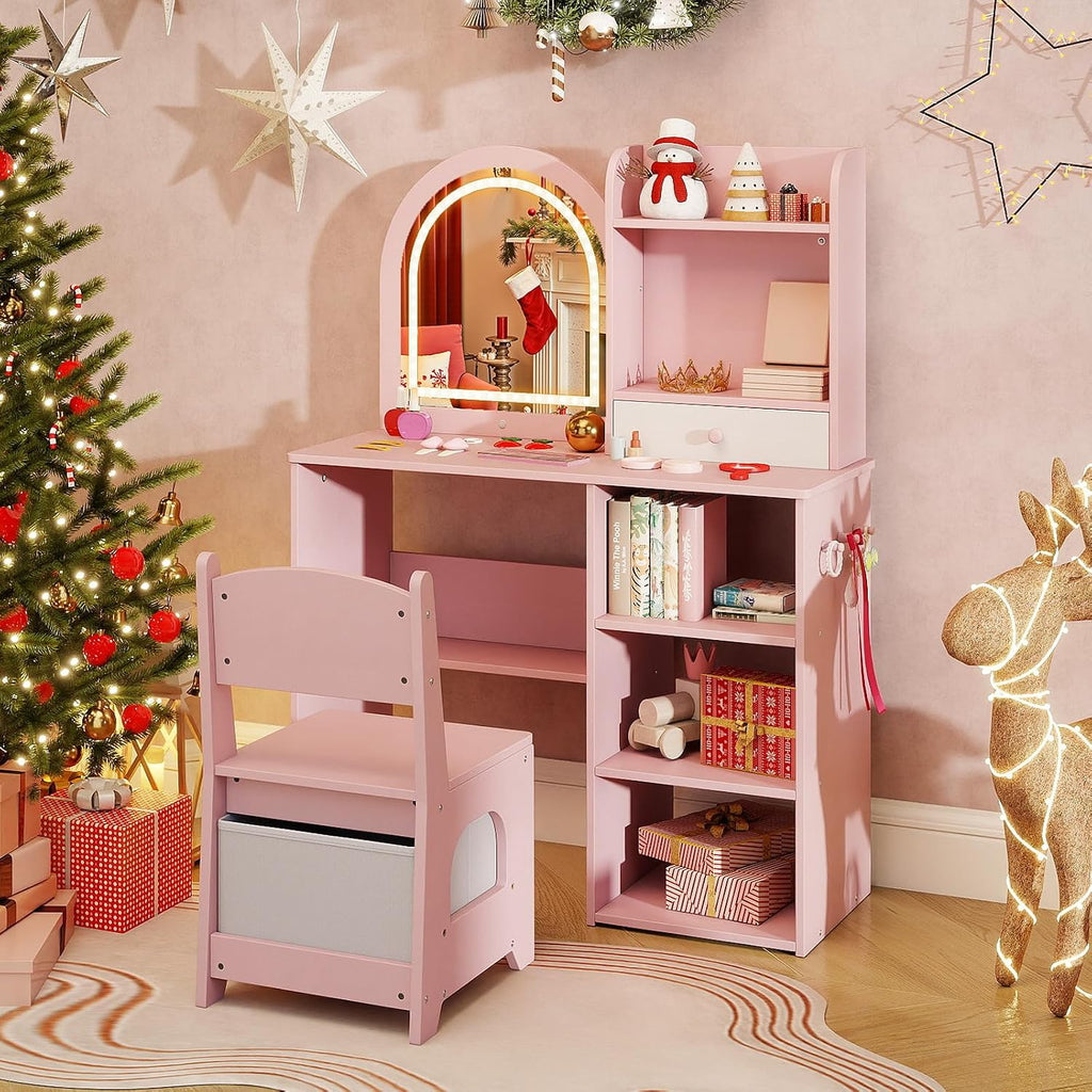Costzon Kids Vanity with Lights, Girls Vanity Set with Mirror, Storage Drawer, Hooks & Shelves, Toddler Makeup Vanity Desk Dressing Table, Wooden Kids Vanity Table and Chair Set (Pink)