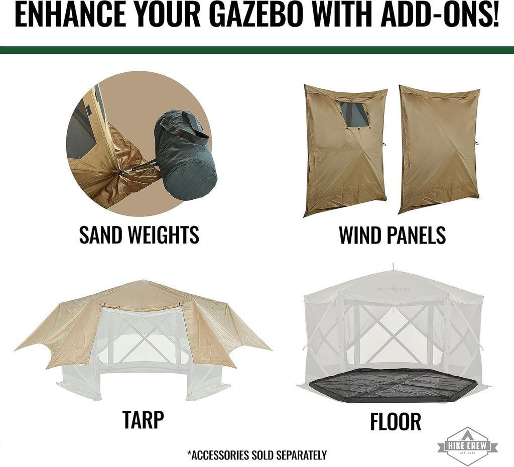 Hike Crew 12' x 12' Pop-Up Gazebo Screen Tent | Screened 6-Sided Instant Outdoor Canopy Shelter with Stakes, Ropes & Carry Bag for Camping, Sports & Picnic Table | UV Resistant SPF 50+