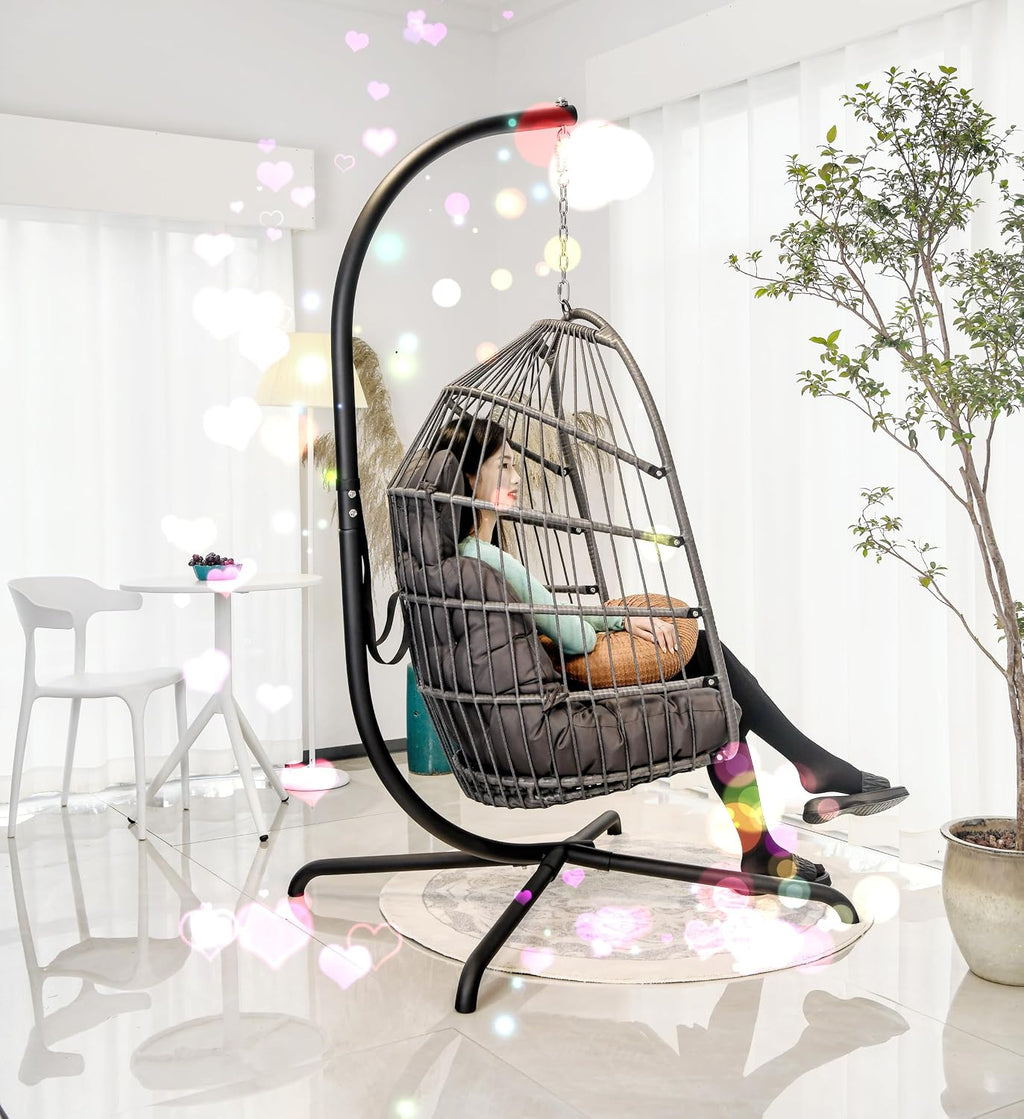 Hanging Egg Chair Stand Only, Hammock Chair C-Stand with Hanging Chain, Snap Hook, Pin Plug, Spring for Patio Macrame Hammock Swinging Chair 440lbs Capacity (Black)