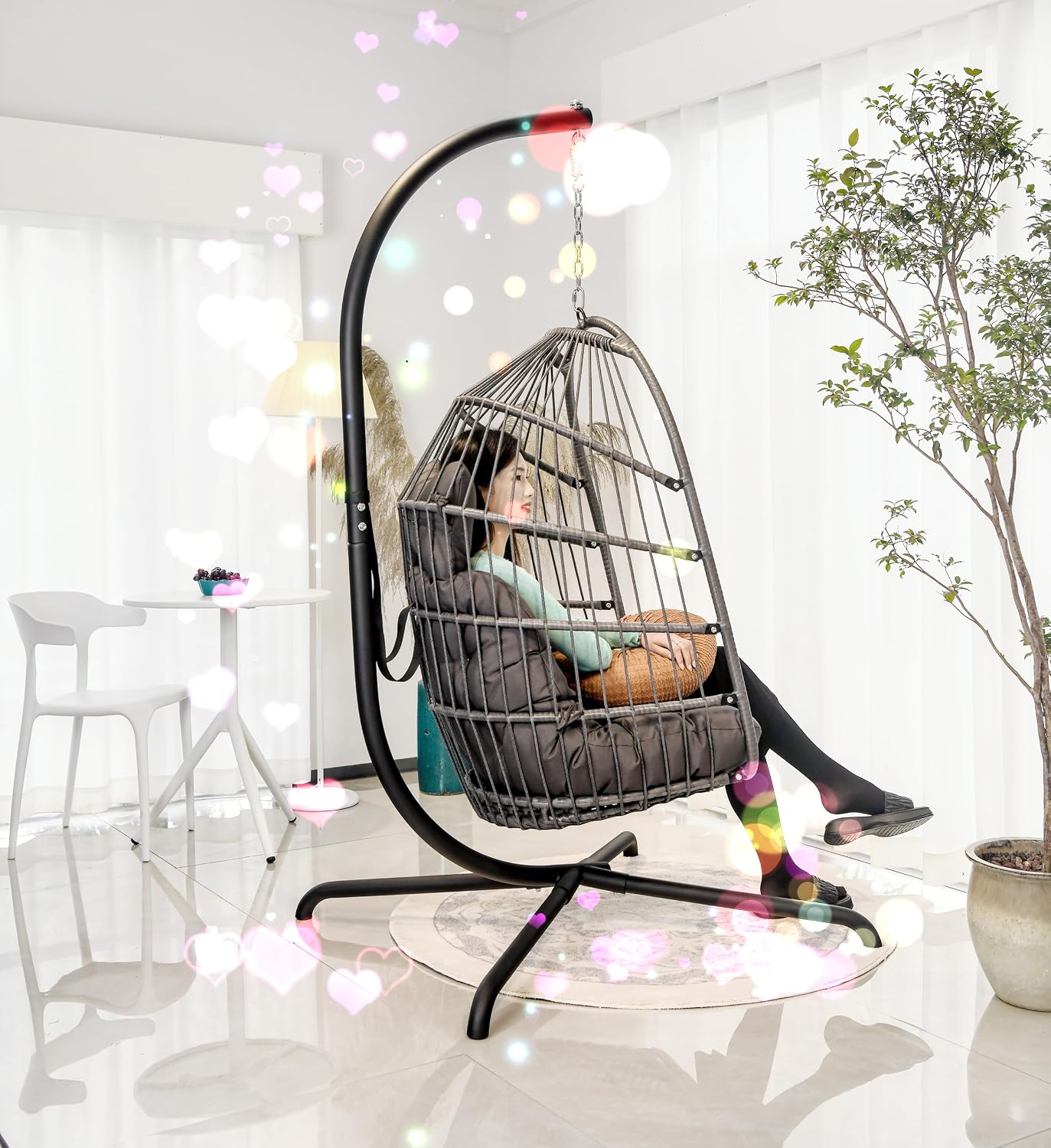 Hanging Egg Chair Stand Only, Hammock Chair C-Stand with Hanging Chain, Snap Hook, Pin Plug, Spring for Patio Macrame Hammock Swinging Chair 440lbs Capacity (Black)