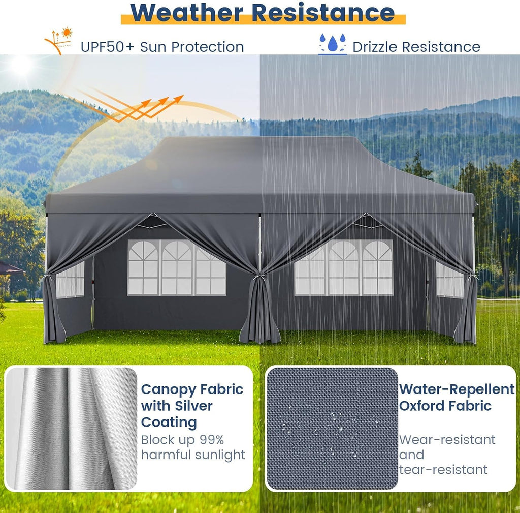HAPPYGRILL 10x20 Pop Up Canopy Tent with Detachable Sidewalls, Waterproof UPF 50+ Outdoor Instant Gazebo Shelter with Carry Bag for Party Wedding Patio Garden, Grey