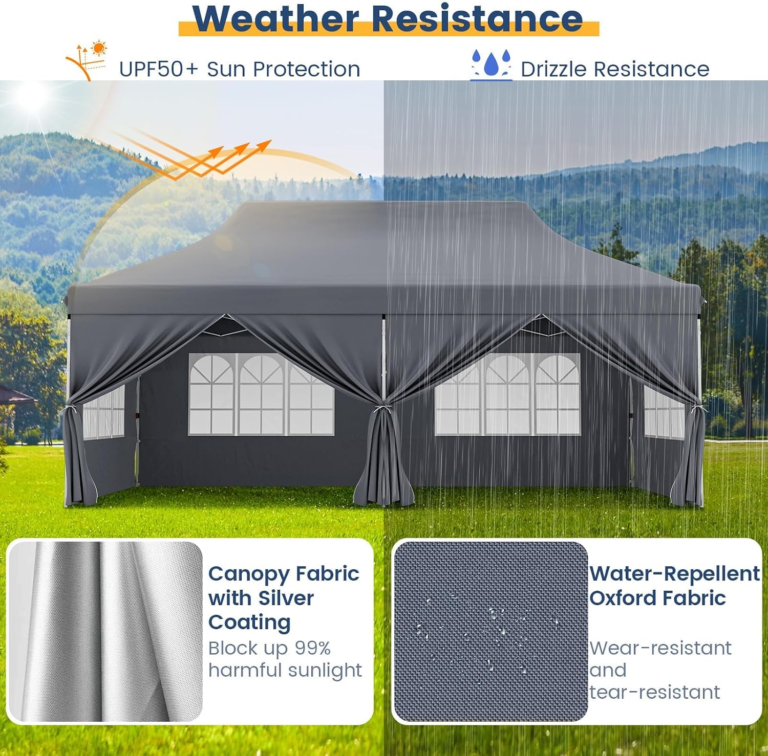 HAPPYGRILL 10x20 Pop Up Canopy Tent with Detachable Sidewalls, Waterproof UPF 50+ Outdoor Instant Gazebo Shelter with Carry Bag for Party Wedding Patio Garden, Grey
