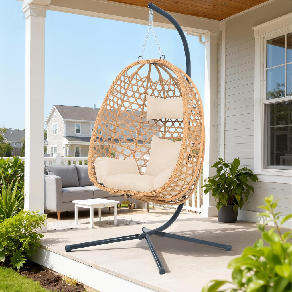 Hanging Egg Chair with Stand & Cushions - All-Weather Rattan Swing Chair for Patio, Balcony, Garden (Modern Boho Design, Ready-to-Use Indoor Outdoor)-Natural Wood